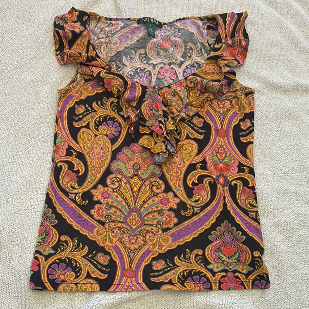 Ralph Lauren Pink and Black Ruffled Sleeveless Blouse